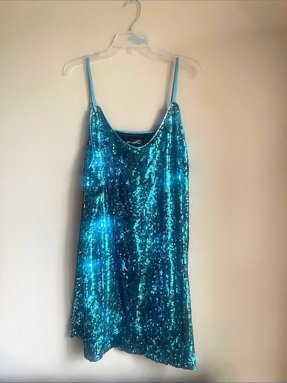 Allegra K Glitter Sequin V-Neck Spaghetti Strap Mini Party Dress Blue XXXL